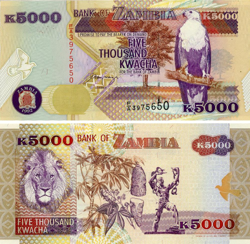 фото Замбия 5000 квача 1992 UNC Лев (P41)