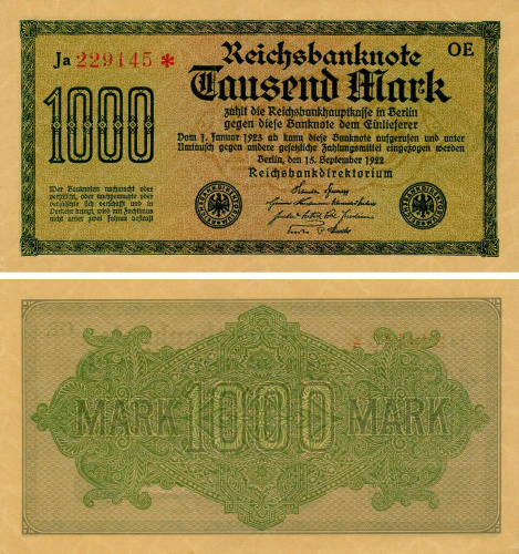 фото Германия 1000 марок 1922 AU-UNC (P76)