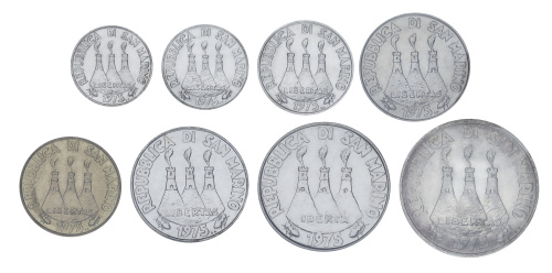 фото Сан-Марино набор из 8 монет 1975 UNC 1, 2, 5, 10, 20, 50, 100, 500 лир (серебро)