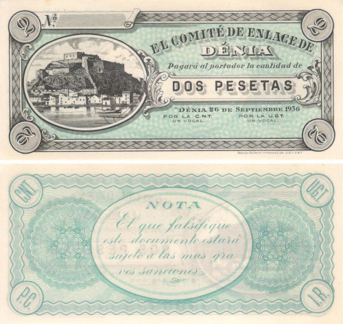фото Испания 2 песеты 1936 Дения UNC