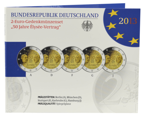 фото Германия набор монет евро 2013 A, D, F, G, J «Елисейский договор» UNC все монетные дворы (5 штук)