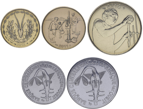 фото Западная Африка набор из 5 монет 2011-2013 UNC 5, 10, 25, 50, 100 франков