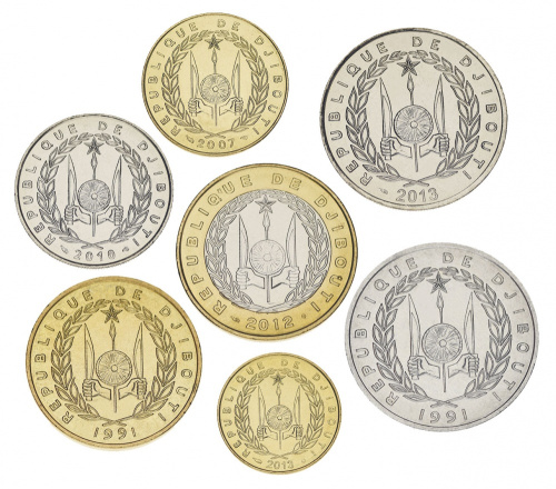 фото Джибути набор из 7 монет 1991-2013 UNC 5, 10, 20, 50, 100, 250, 500 франков