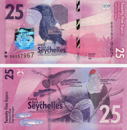 фото Сейшельские острова 25 рупий 2016 UNC Птица Рыба (P48)