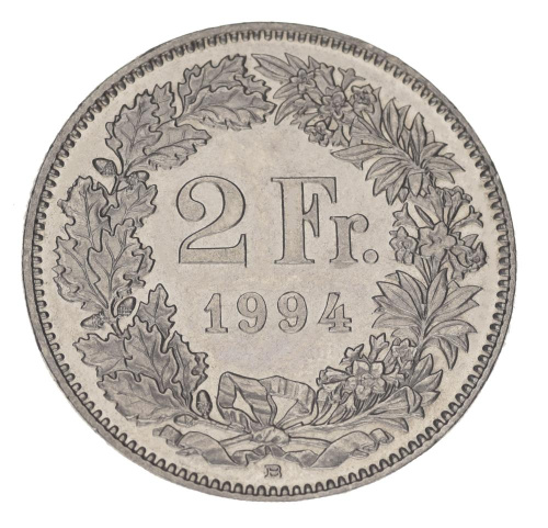 фото Швейцария 2 франка 1994 AU-UNC