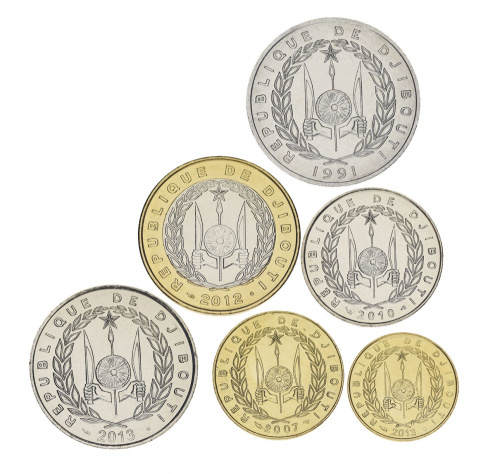 фото Джибути набор из 6 монет 1991-2013 UNC 5, 10, 20, 50, 100, 250, франков