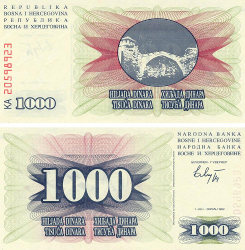 фото Босния и Герцеговина 1000 динаров 1992 UNC (P15)