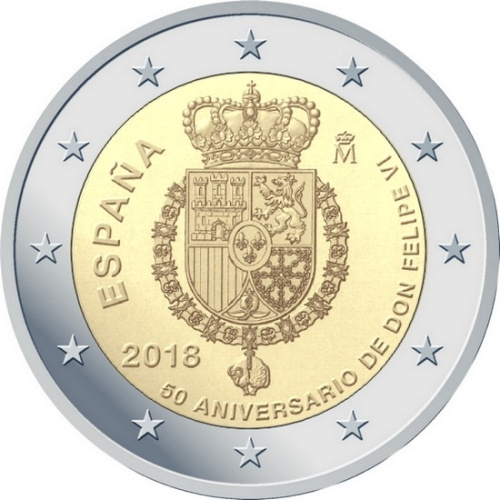 фото Испания 2 евро 2018 Биметалл UNC 50 лет со дня рождения короля Филиппа VI