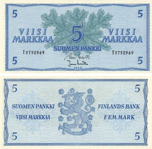 фото Финляндия 5 марок 1963 UNC (P99a(69))