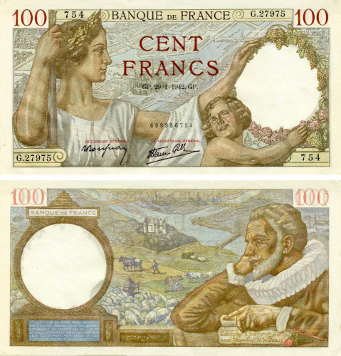 фото Франция 100 франков 1942 VF-AU (P94)