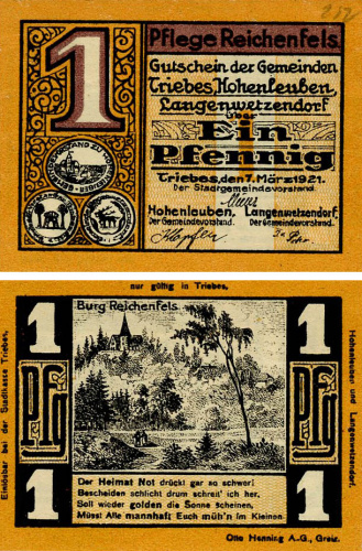 фото Германия Нотгельд 1 пфенниг 1921  F-VF Райхенфельс