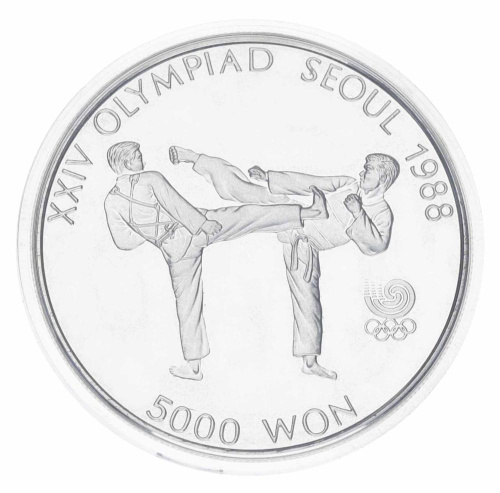 фото Южная Корея 5000 вон 1987 Серебро Proof XXIV летние Олимпийские Игры в г. Сеул 1988 - Тхэквондо
