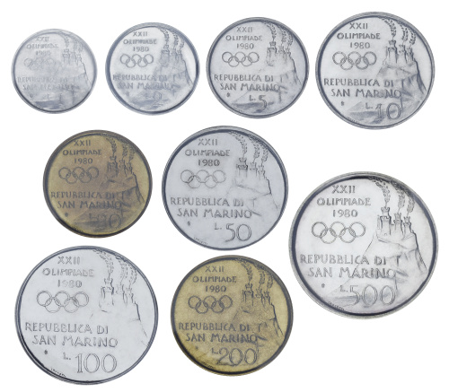 фото Сан-Марино набор из 9 монет 1980 UNC 1, 2, 5, 10, 20, 50, 100, 200, 500 лир (серебро)