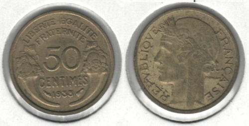 фото Франция 50 сантим 1933 VF (KM#894.1)