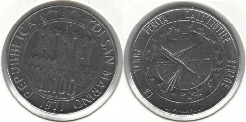 фото Сан-Марино 100 лир 1977 VF (KM#69)
