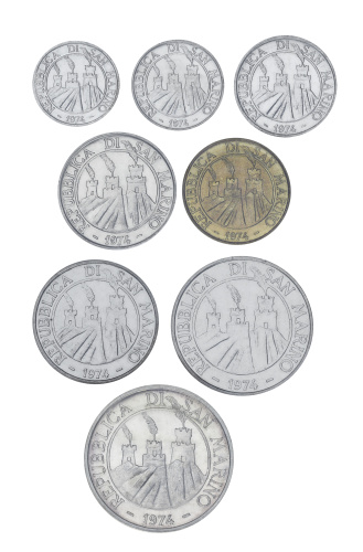фото Сан-Марино набор из 8 монет 1974 UNC 1, 2, 5, 10, 20, 50, 100, 500 лир (серебро)