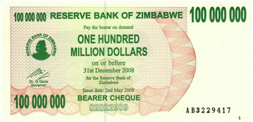 фото Зимбабве 100000000 долларов 2008 UNC Чек (P58)