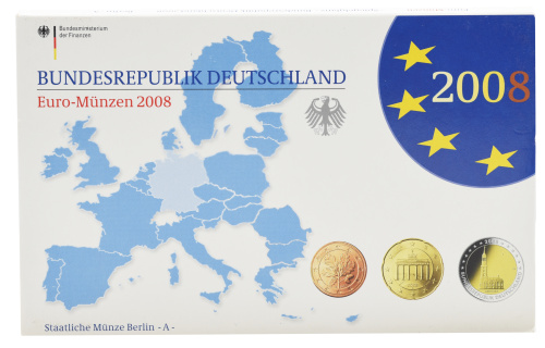 фото Германия набор из 9 монет евро 2008 UNC A 1, 2, 5, 10, 20, 50 евроцентов, 1, 2 евро, памятная 2 евро Блистер