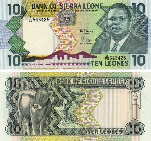 фото Сьерра-Леоне 10 леоне 1988 UNC Животное - Бык (P15)