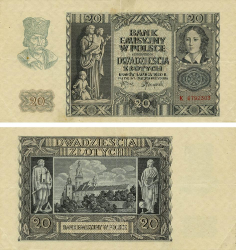 фото Польша 20 злотых 1940 G-VG