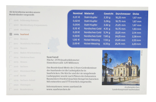 фото Германия набор из 9 монет евро 2009 UNC G 1, 2, 5, 10, 20, 50 евроцентов, 1, 2 евро, памятная 2 евро Блистер