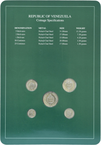 фото Венесуэла набор из 5 монет 1988-1989 UNC 25, 50 сентим, 1, 2, 5 боливар и 1 марка в сувенирной упаковке