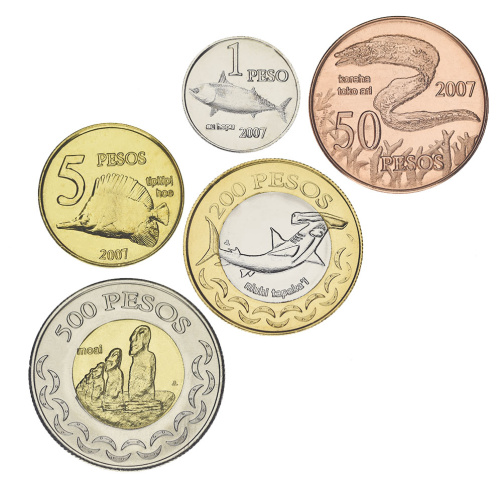 фото Чили Остров Пасхи набор из 5 монет 2007 UNC 1, 5, 50, 200, 500 песо