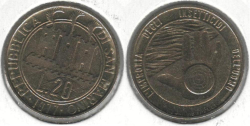фото Сан-Марино 20 лир 1977 VF (KM#67)