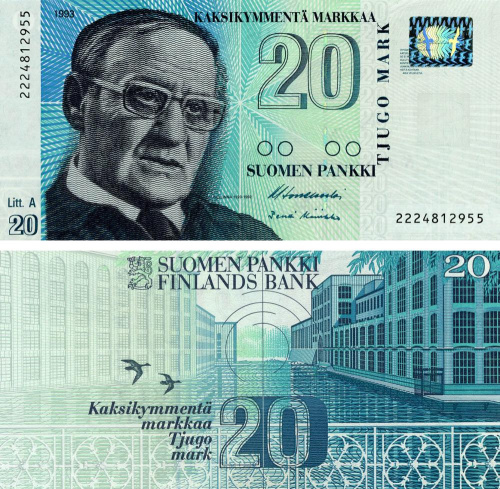 фото Финляндия 20 марок 1993 UNC (P122(4))