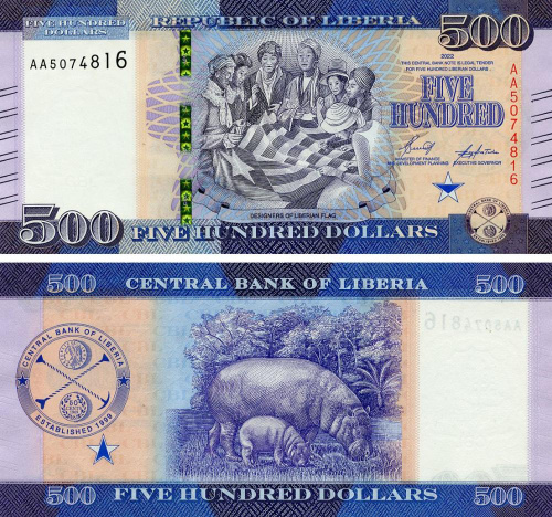 фото Либерия 500 долларов 2022 UNC Бегемот Гиппопотам (Pnew)