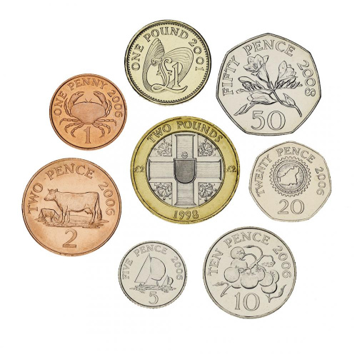 фото Гернси набор из 8 монет 1998-2012 UNC 1, 2, 5, 10, 20, 50 пенсов, 1, 2 фунта