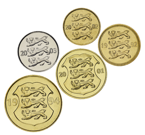фото Эстония набор из 5 монет 1991-2003 UNC 10, 20, 50 сенти, 1, 5 крон