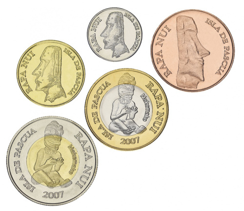 фото Чили Остров Пасхи набор из 5 монет 2007 UNC 1, 5, 50, 200, 500 песо