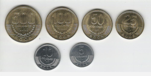 фото Коста-Рика набор из 6 монет 2007 UNC 5, 10, 25, 50, 100, 500 колонов