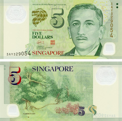 фото Сингапур 5 долларов 2005 Полимер UNC один квадрат (P47b)