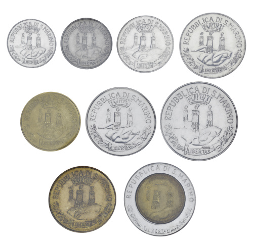 фото Сан-Марино набор из 9 монет 1982 UNC 1, 2, 5, 10, 20, 50, 100, 200, 500 лир