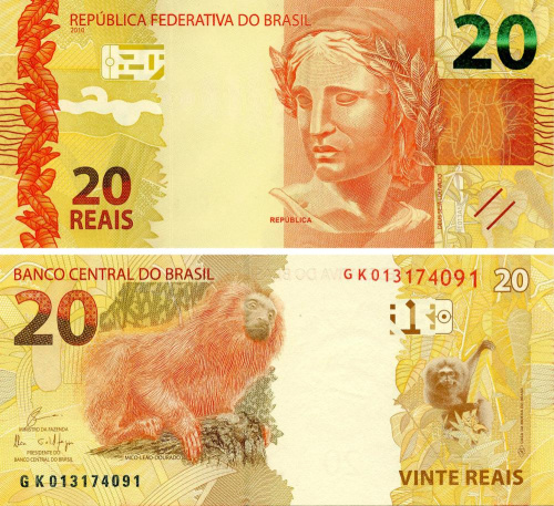 фото Бразилия 20 реалов 2010 (2018) UNC Обезьяна - Золотистая львиная игрунка (P255d)