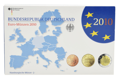 фото Германия набор из 9 монет евро 2010 UNC J 1, 2, 5, 10, 20, 50 евроцентов, 1, 2 евро, памятная 2 евро Блистер
