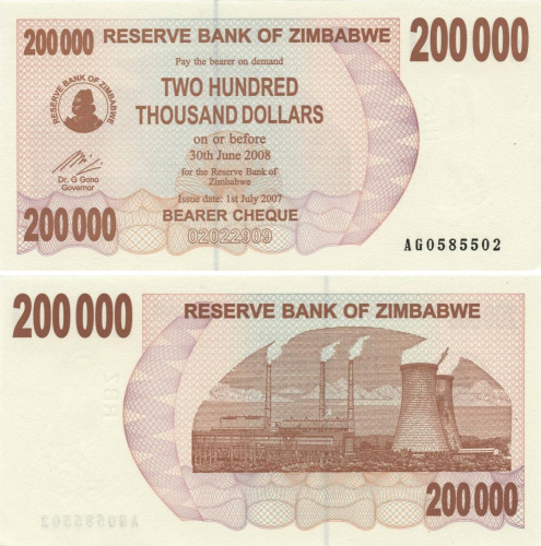 фото Зимбабве 200000 долларов 2008 UNC (P49)