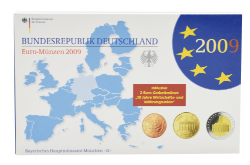 фото Германия набор из 9 монет евро 2009 UNC D 1, 2, 5, 10, 20, 50 евроцентов, 1, 2 евро, памятная 2 евро Блистер