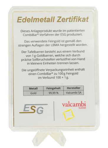 фото Инвестиционный золотой штампованный слиток Золото Au 999,9 1 грамм Valcambi (Швейцария)