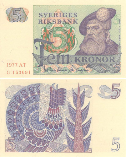 фото Швеция 5 крон 1977 UNC (P51)