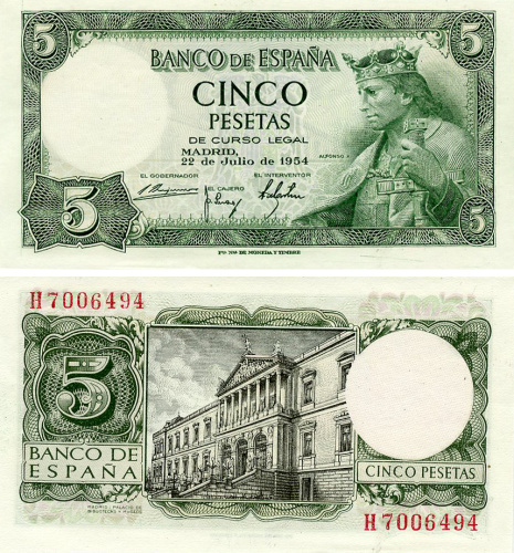 фото Испания 5 песет 1954 UNC (P85)