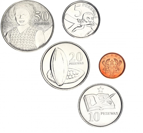 фото Гана набор из 5 монет 2007-2016 UNC 1, 5, 10, 20, 50 песева