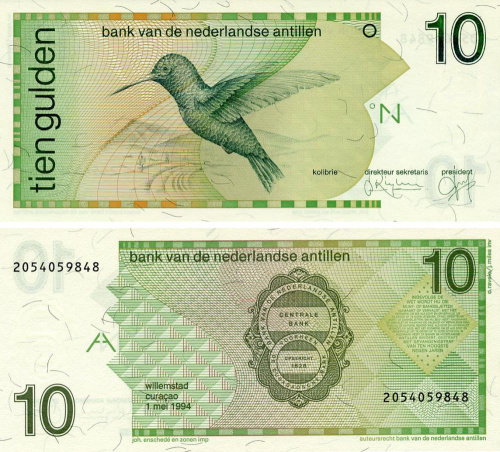 фото Нидерландские Антилы 10 гульденов 1994 UNC Птица - Колибри (P23c)