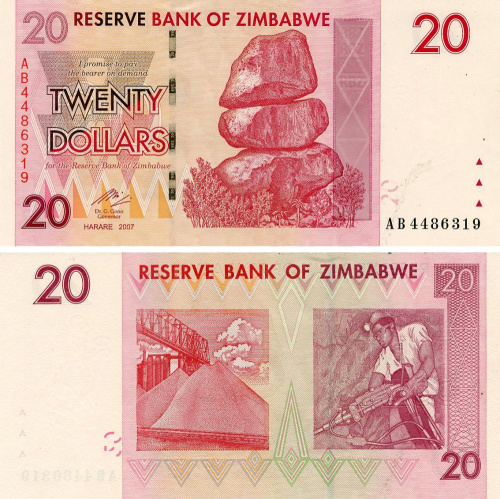 фото Зимбабве 20 долларов 2007 UNC (P68)