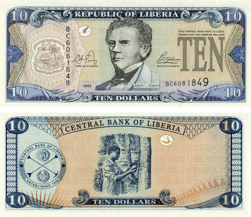 фото Либерия 10 долларов 2003 UNC (P27)