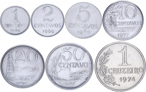 фото Бразилия набор из 7 монет 1969-1978 UNC 1, 2, 5, 10, 20, 50 сентаво, 1 крузейро