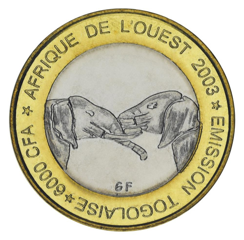 фото Того 6000 франков 2003 Биметалл UNC Слоны