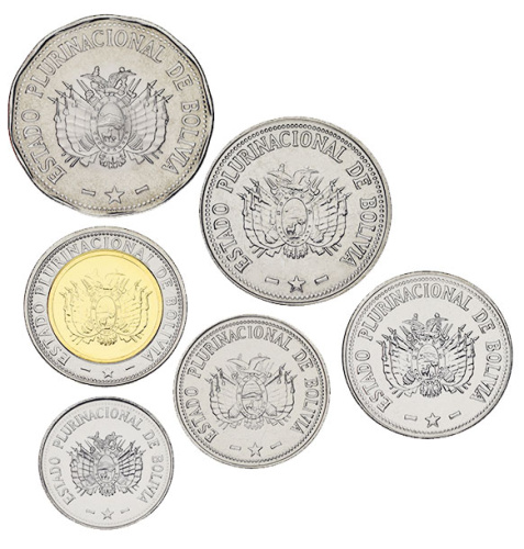 фото Боливия набор из 6 монет 2012-2017 UNC 10, 20, 50 сентаво, 1, 2, 5 боливиано